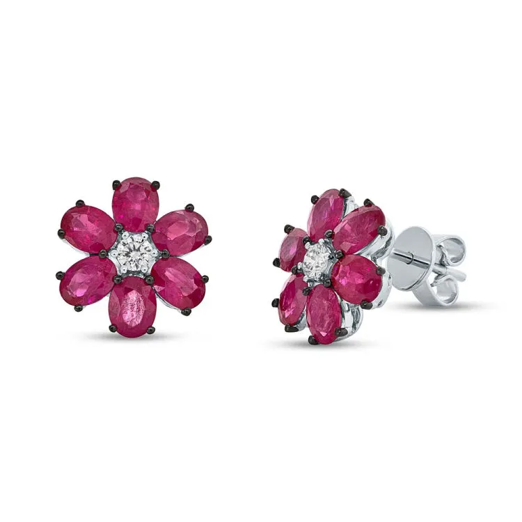 0.14ct Diamond & 3.08ct Ruby 18k White Gold Flower Stud Earring