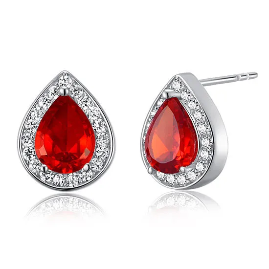 1 Carat Pear Cut Red Created Ruby 925 Sterling Silver Stud Earrings XFE8034