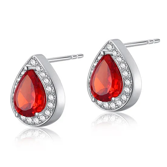 1 Carat Pear Cut Red Created Ruby 925 Sterling Silver Stud Earrings XFE8034