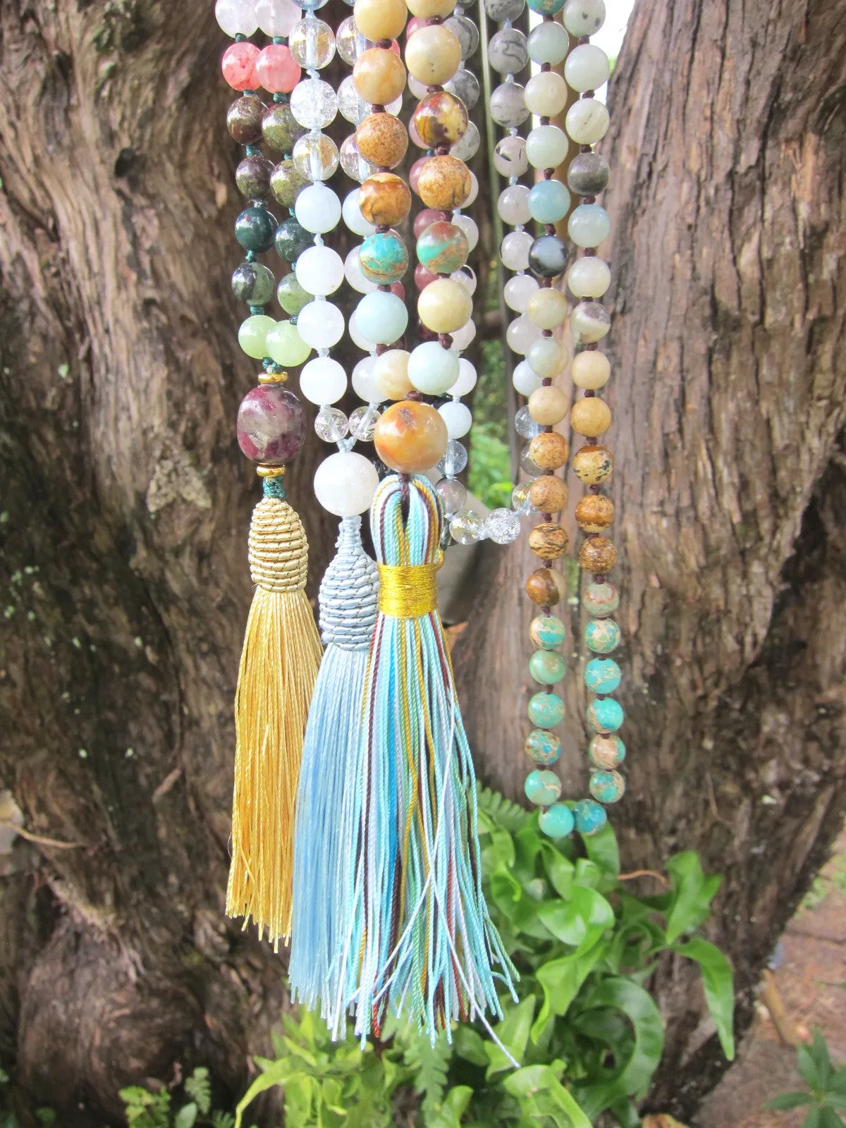 108 Beaded Aqua Turquoise Jasper Mix Tassel Necklace