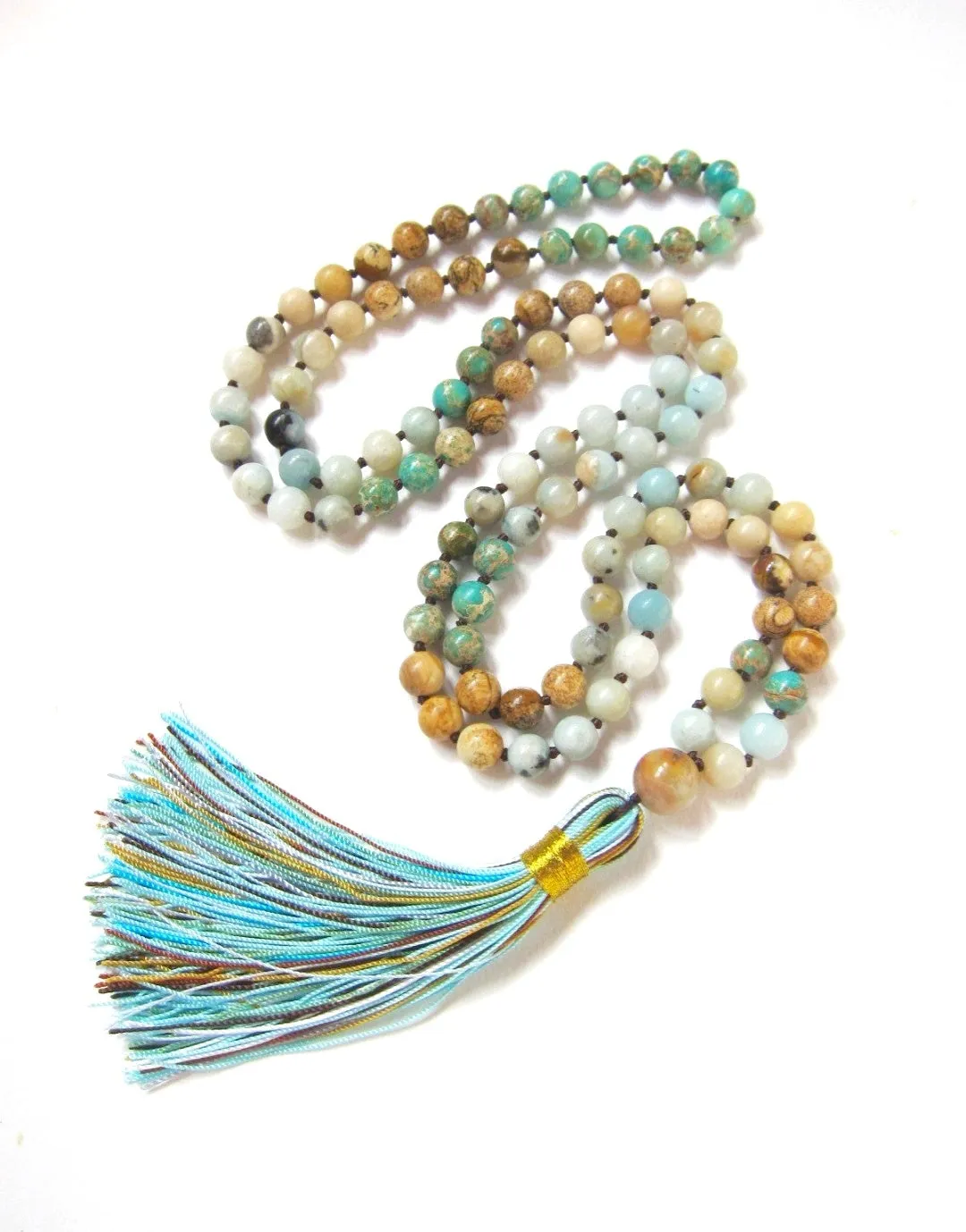 108 Beaded Aqua Turquoise Jasper Mix Tassel Necklace