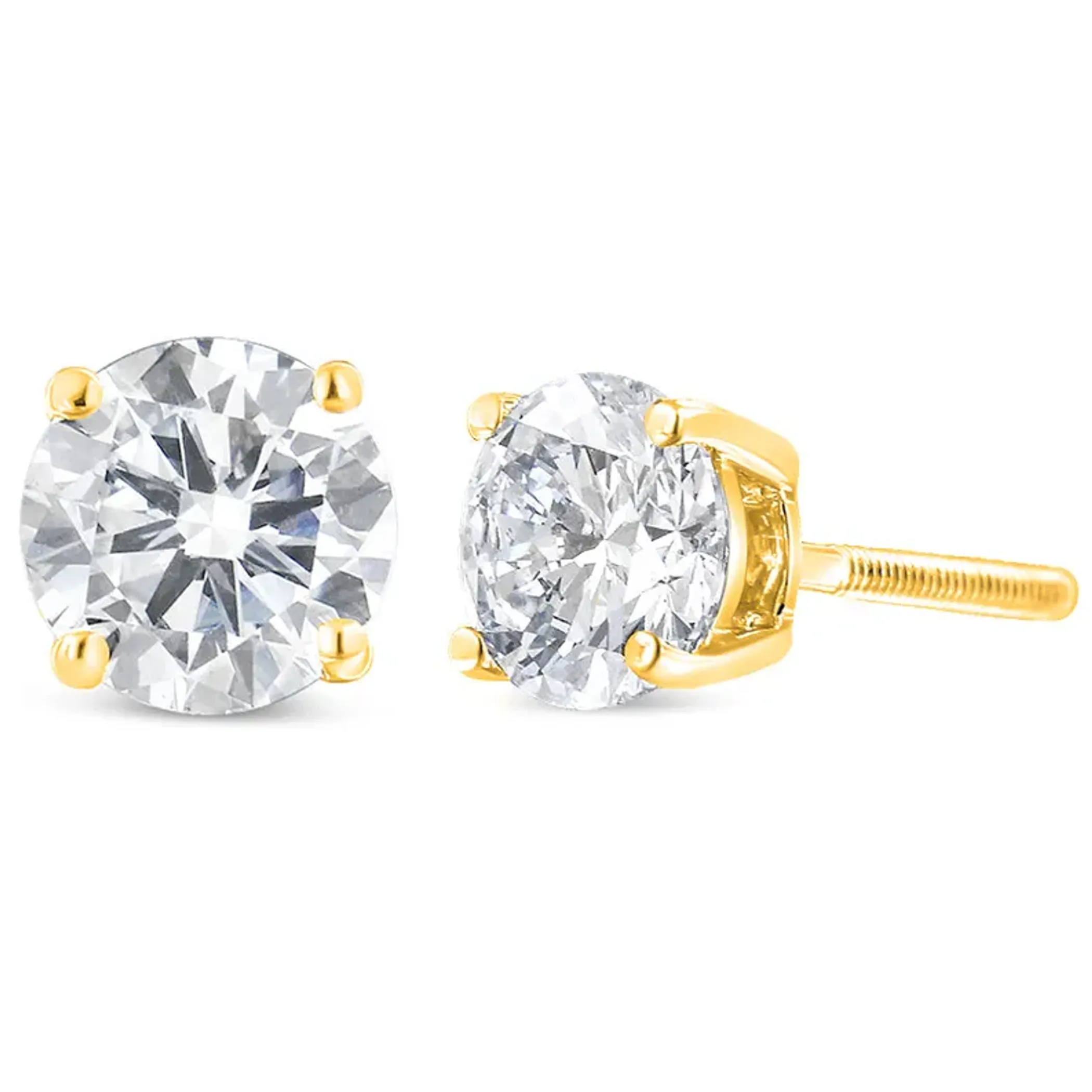 10K Yellow Gold over .925 Sterling Silver 1-1/2 Cttw Round Brilliant-Cut Diamond Classic 4-Prong Stud Earrings with Screw Backs (K-L Color, I2-I3 Clarity)