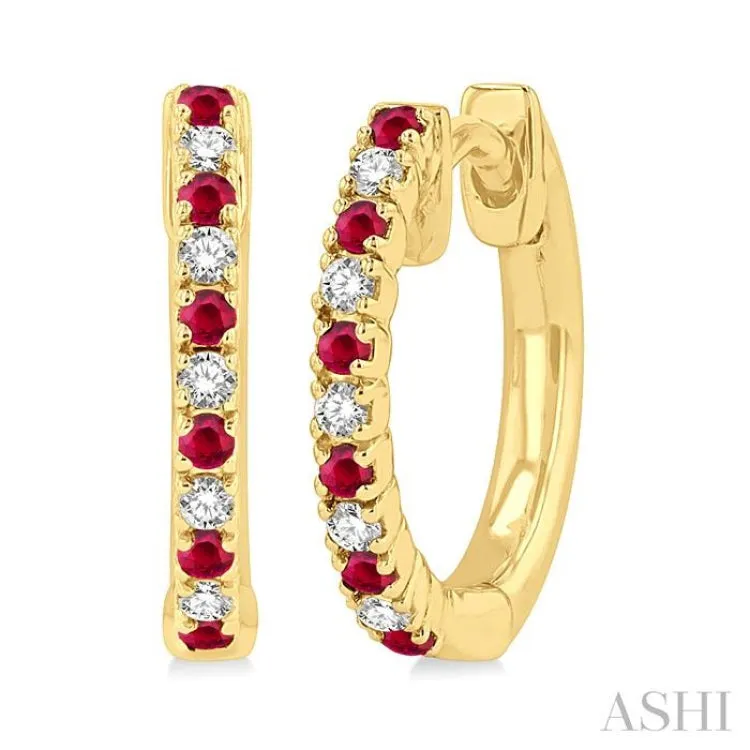 1/10 ctw Petite 1.35 MM Ruby and Round Cut Diamond Precious Fashion Huggies in 10K Yellow Gold