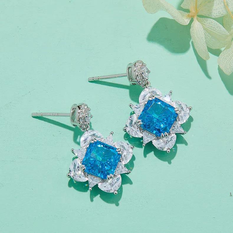 12.5 Carat Square Blue Zircon Drop Earrings