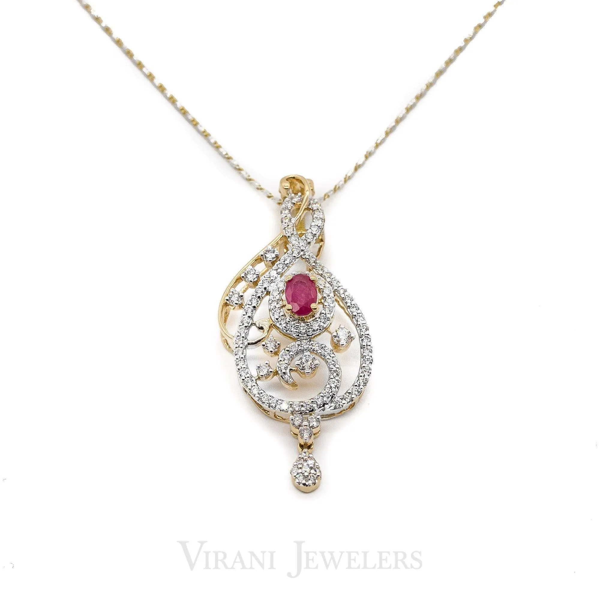 1.46 CT Round Brilliant Diamond Ruby Pendant and Earrings Set in 18K Yellow & White Gold