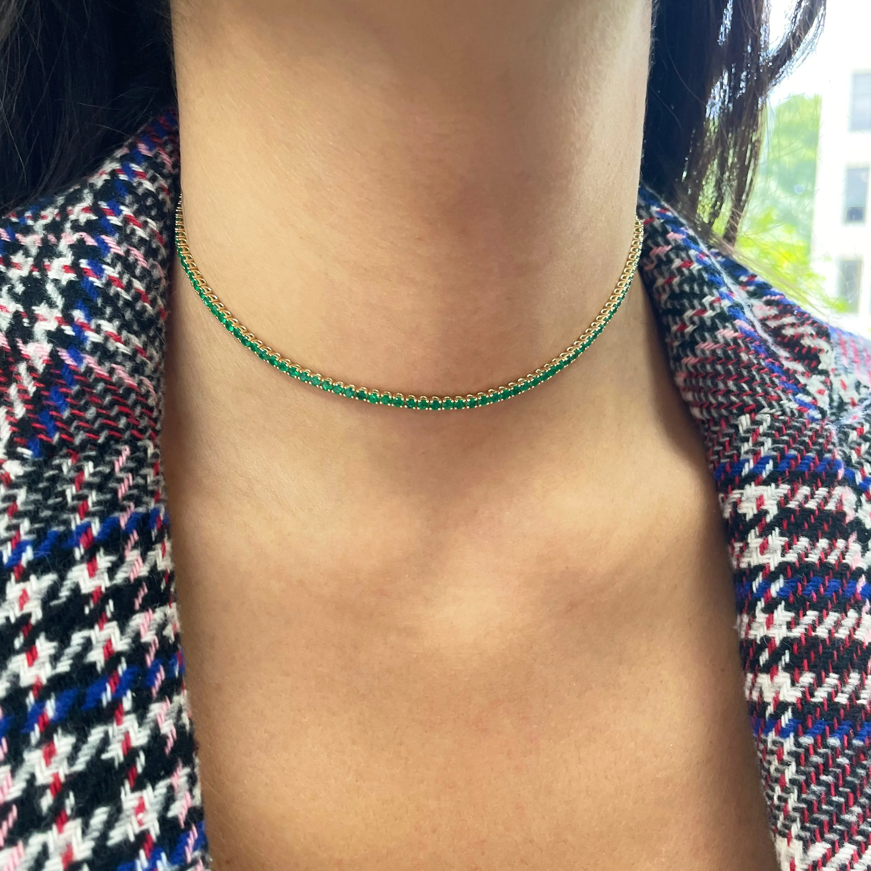 14k Gold & Green Emerald Adjustable Tennis Choker Necklace - 2.7ct