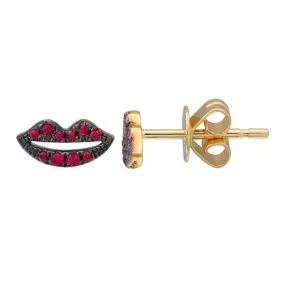 14K Gold Ruby Accented Lips Button Earrings