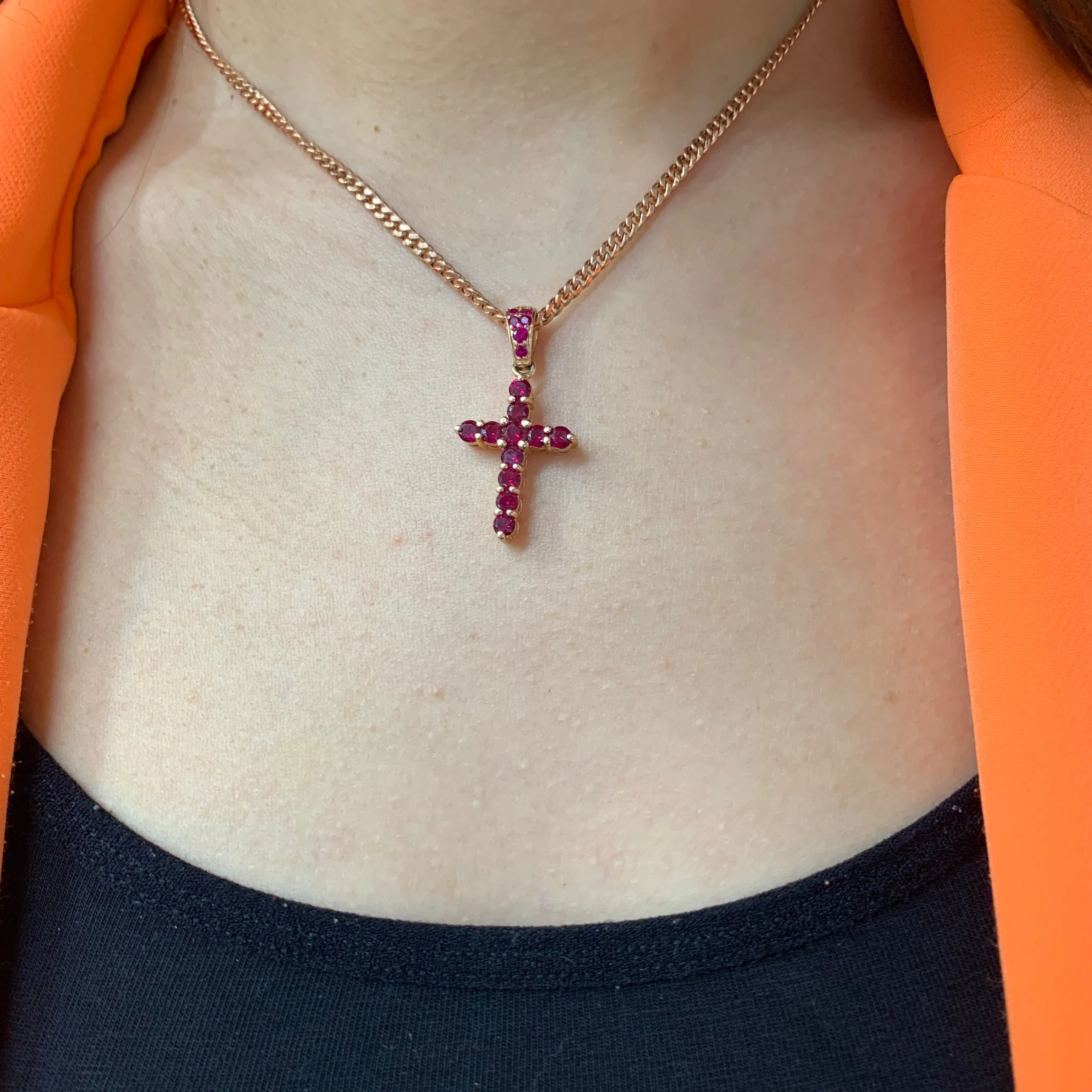 14k Rose Gold and Diamond Cross Ruby Pendant and 14k Rose Gold Cuban Link Chain Set