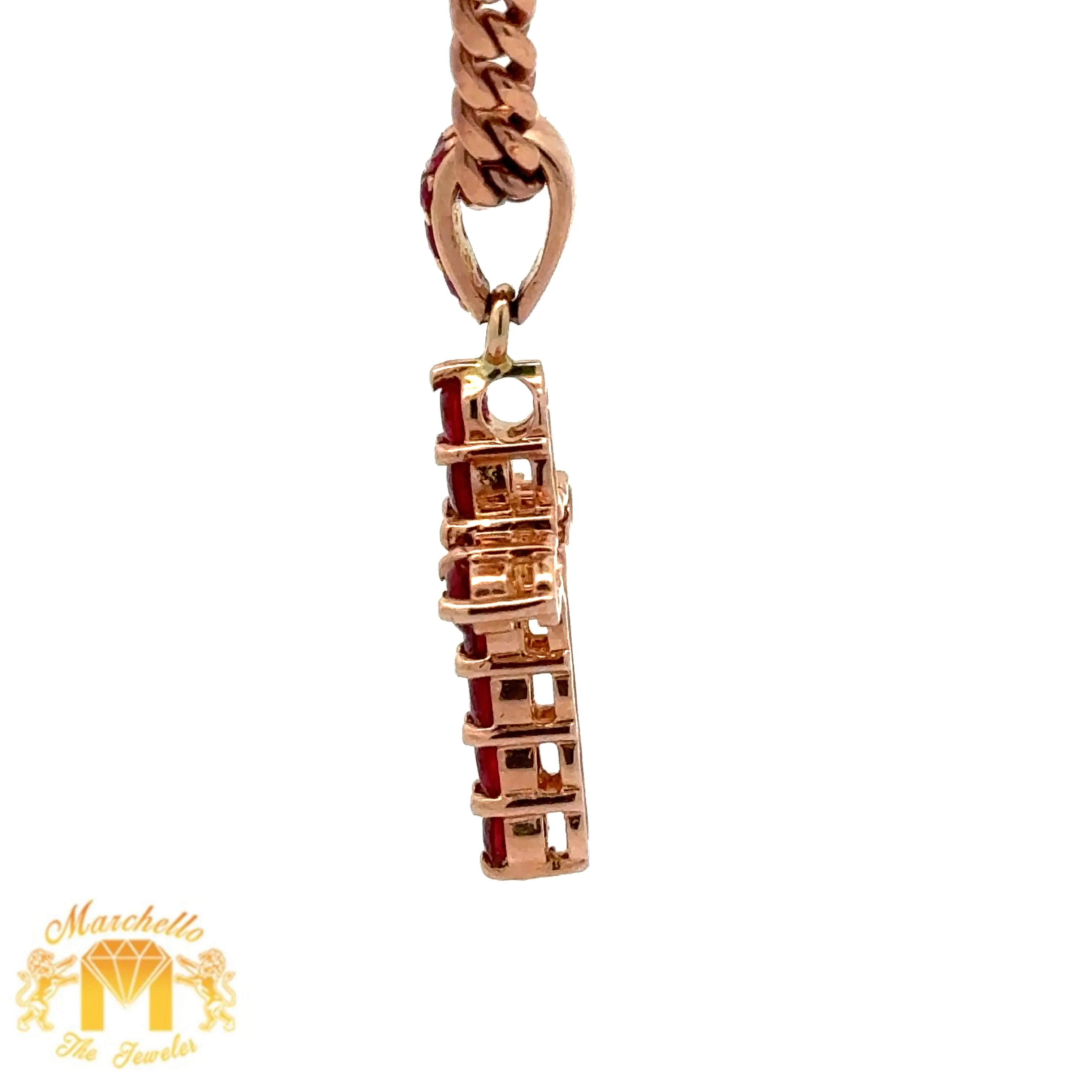 14k Rose Gold and Diamond Cross Ruby Pendant and 14k Rose Gold Cuban Link Chain Set