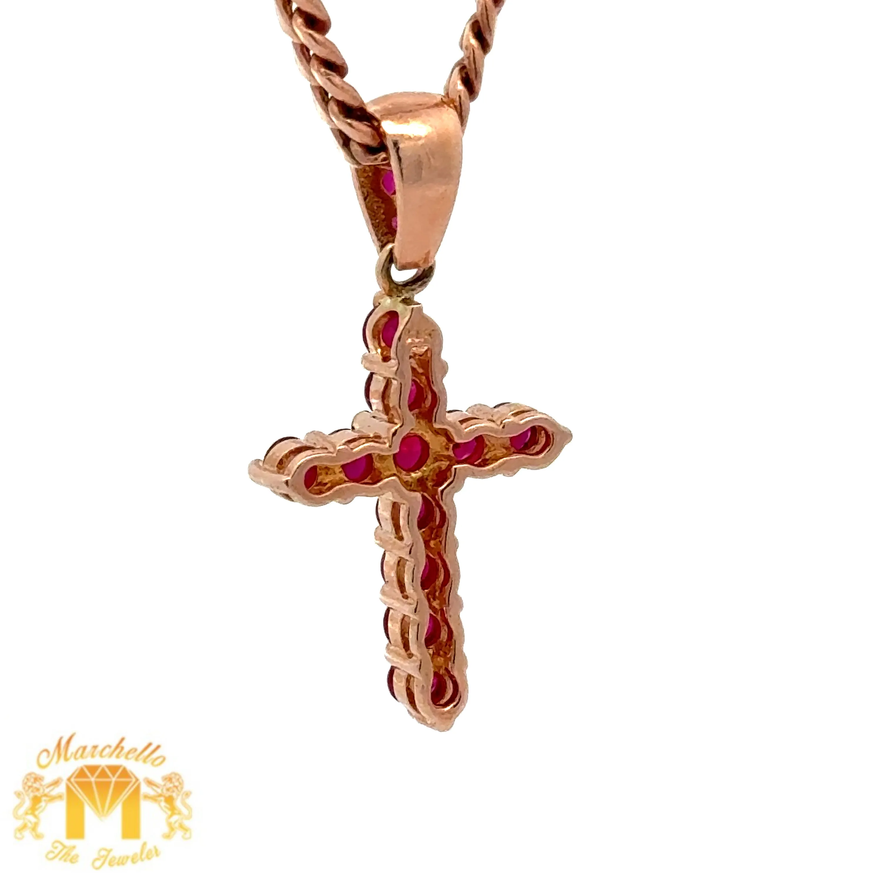 14k Rose Gold and Diamond Cross Ruby Pendant and 14k Rose Gold Cuban Link Chain Set