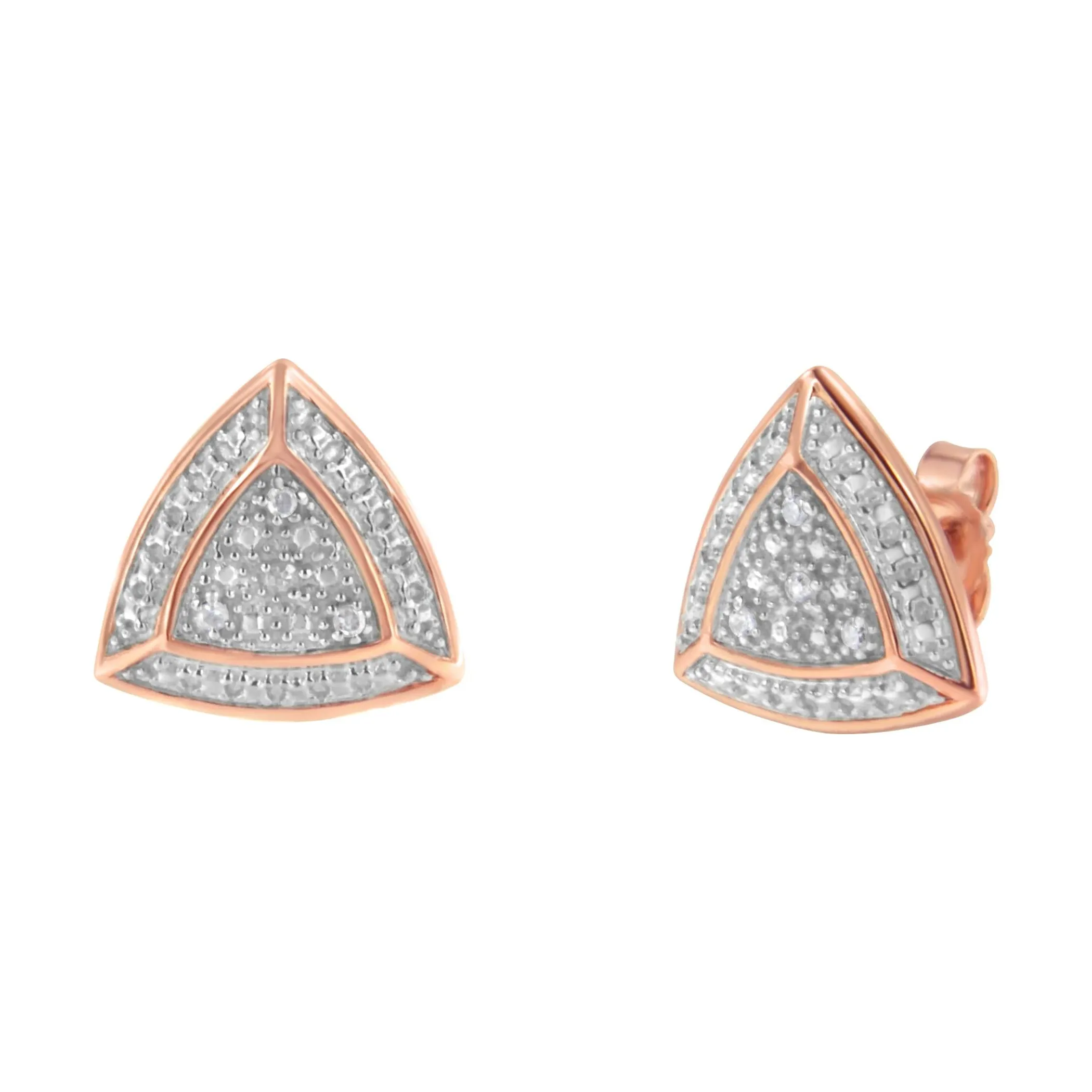 14K Rose Gold over .925 Sterling Silver Diamond-Accented Trillion Shaped 4-Stone Halo-Style Stud Earrings (H-I Color, I2-I3 Clarity)