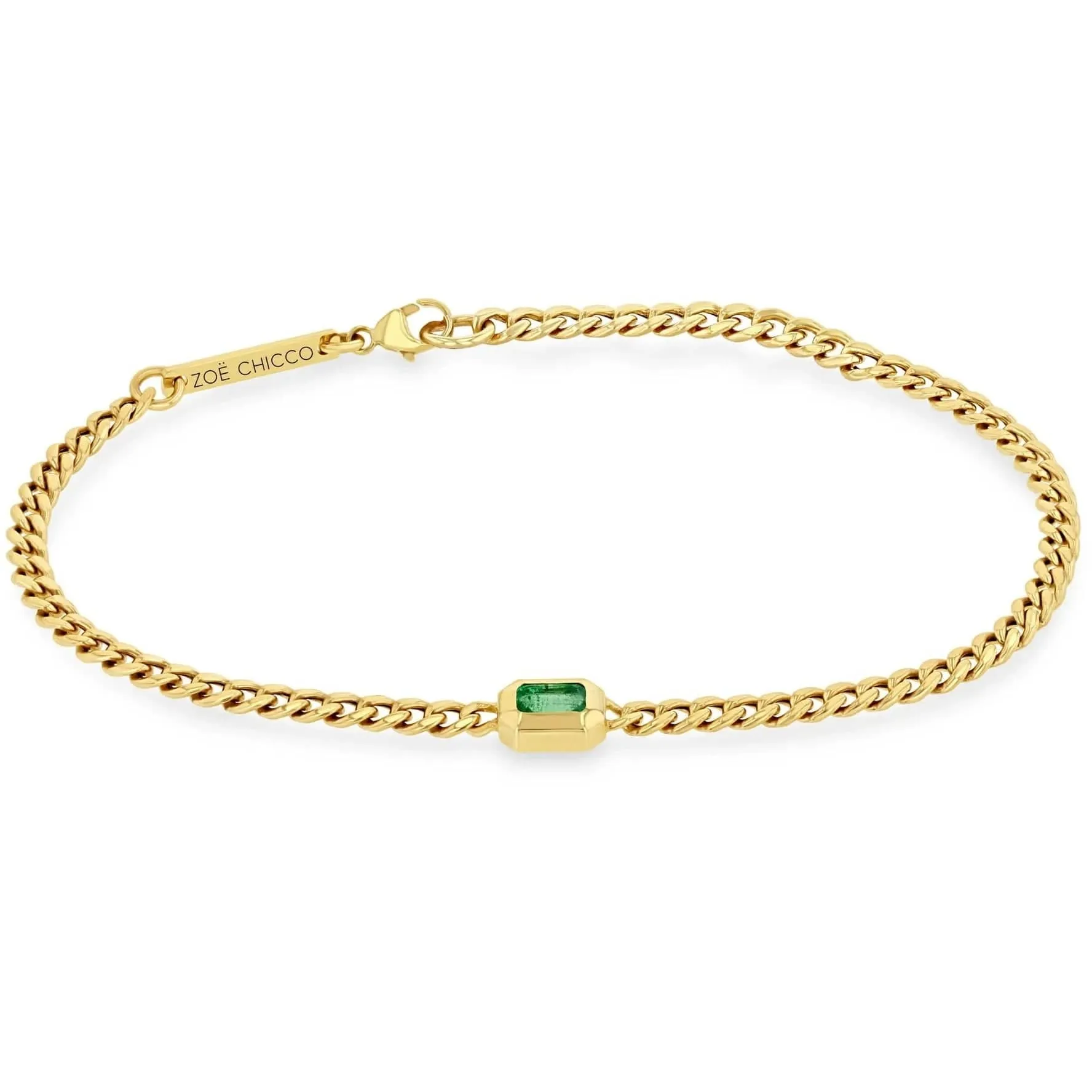 14k Small Curb Chain Emerald Cut Emerald Bezel Bracelet