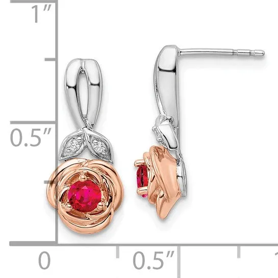 14k White and Rose Gold Two-tone Rose Ruby and Diamond Earrings