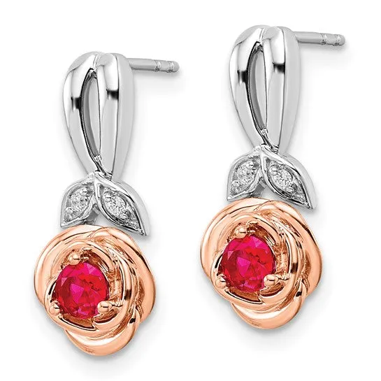 14k White and Rose Gold Two-tone Rose Ruby and Diamond Earrings