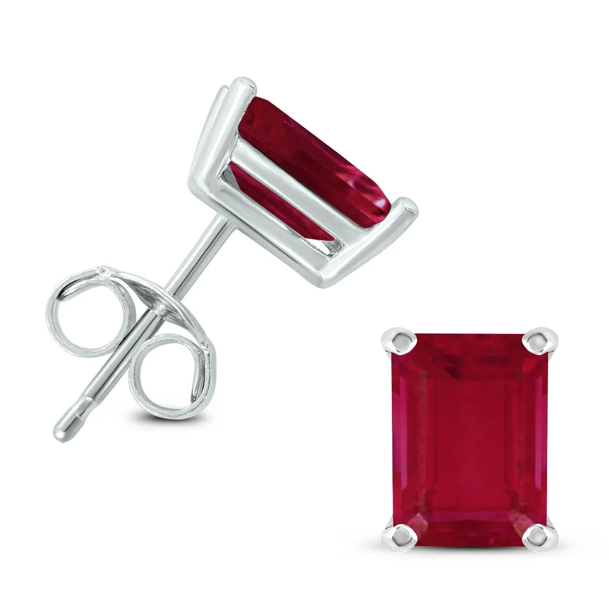 14K White Gold 6X4Mm Emerald Shaped Ruby Earrings