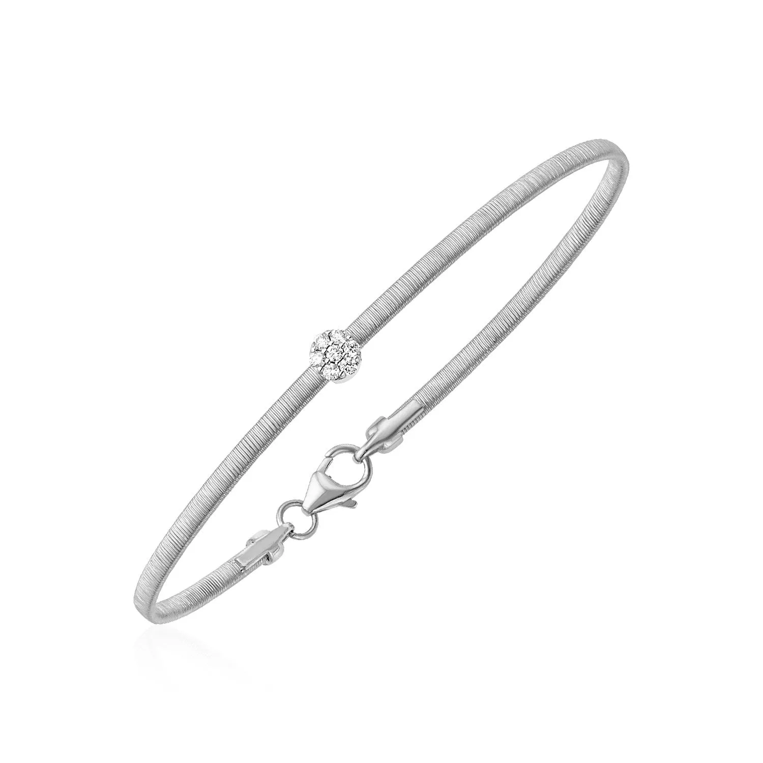 14k White Gold Bangle with Brushed Texture and Diamonds