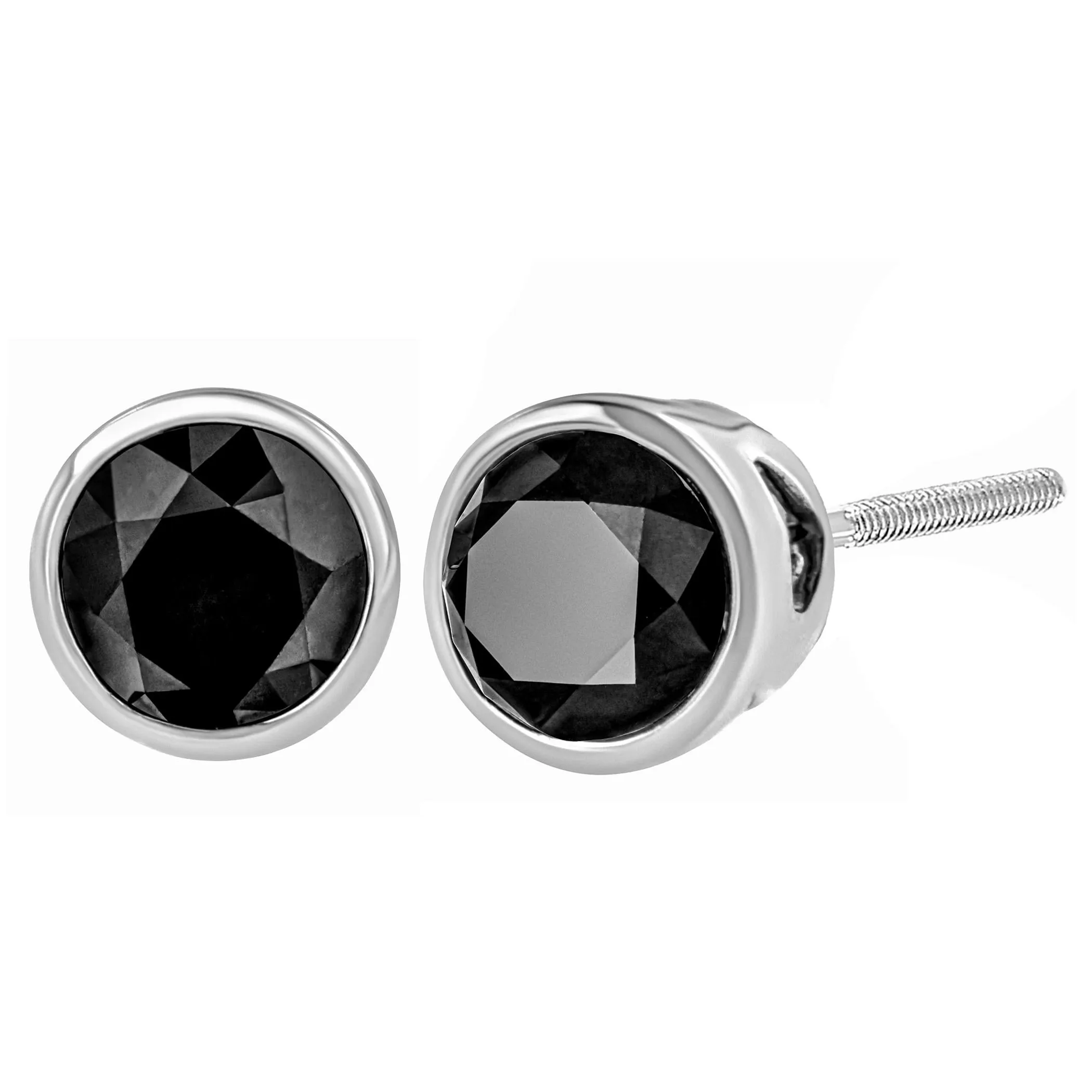 14K White Gold Round Brilliant-Cut Black Diamond Bezel-Set Stud Earrings with Screw Backs (Fancy Color-Enhanced, I2-I3 Clarity)