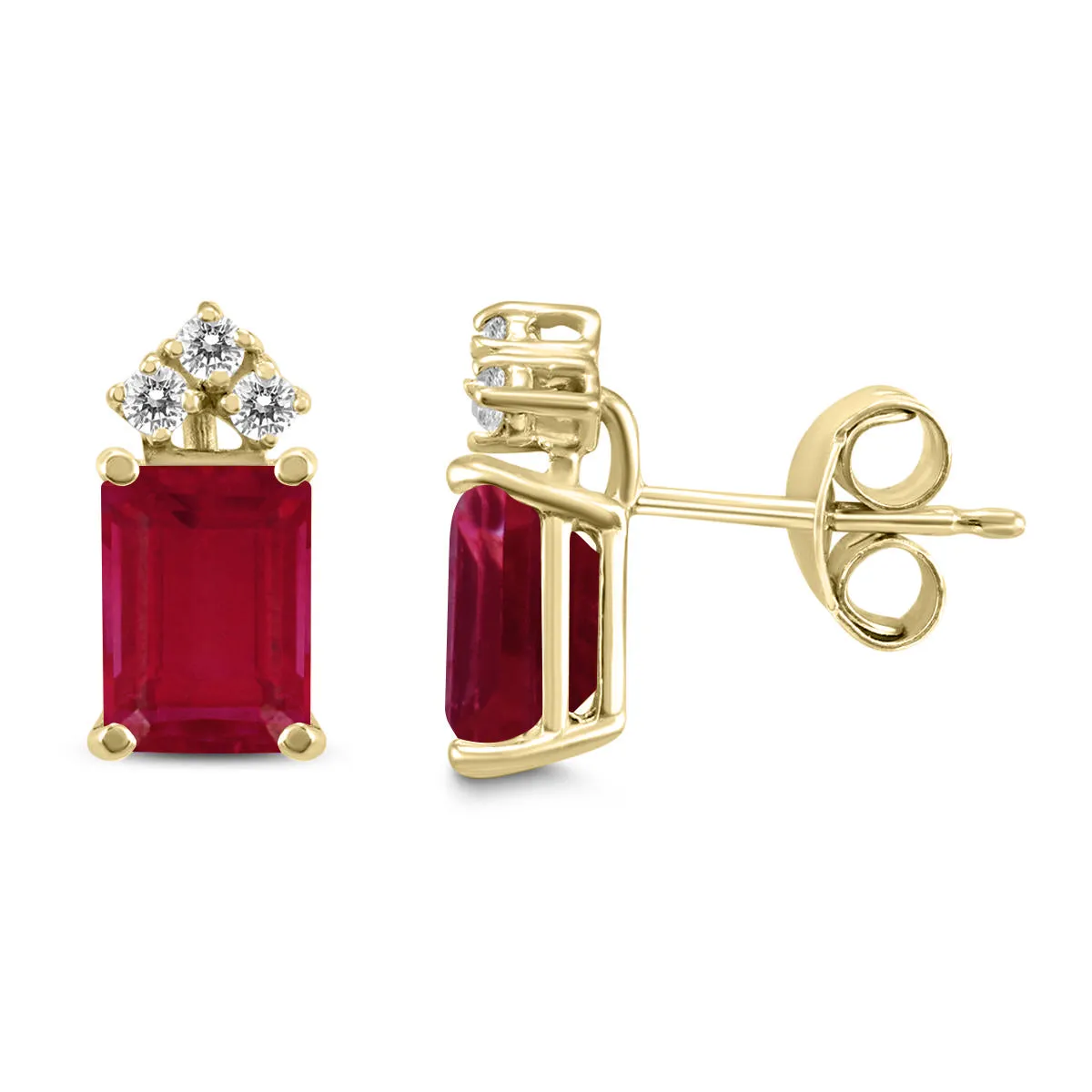 14K Yellow Gold 6X4Mm Emerald Shaped Ruby And Three Stone Diamond Earrings