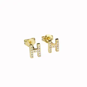 14k Yellow Gold Created White Sapphire Initial H Letter Stud Earrings Plated