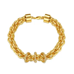 14k Yellow Gold Plated With Diamond Cubic Zirconia Triple Circle Round Woven Braided Link Chain Bracelet