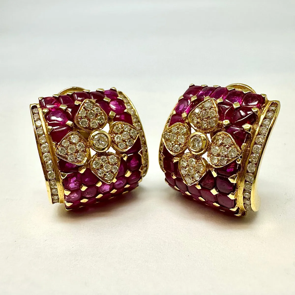 18K Gold Diamond and Ruby Square Clip-on Earrings