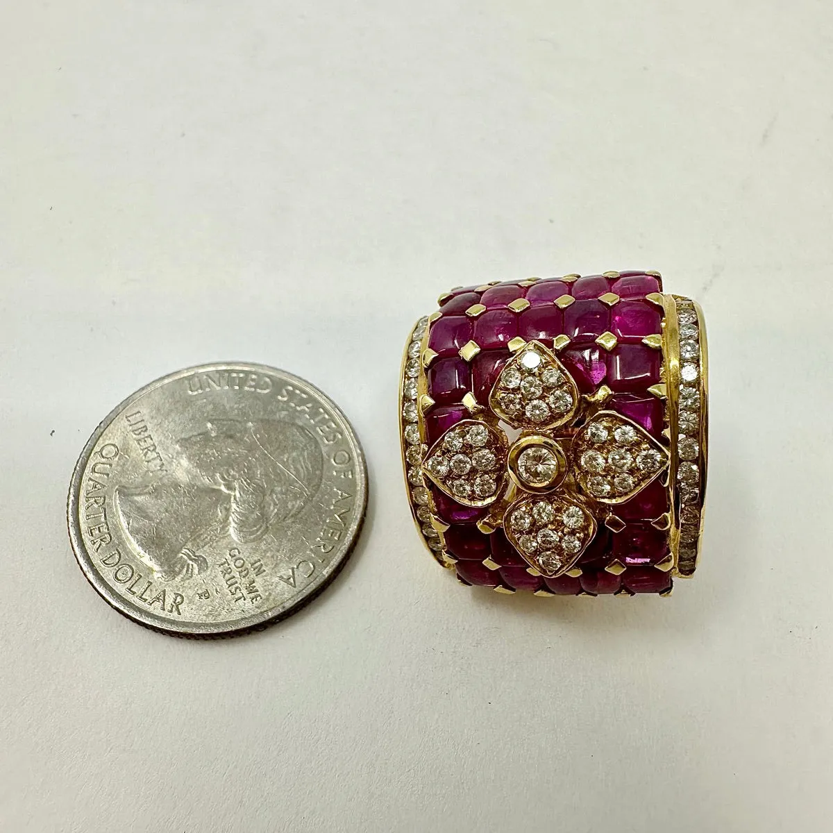 18K Gold Diamond and Ruby Square Clip-on Earrings