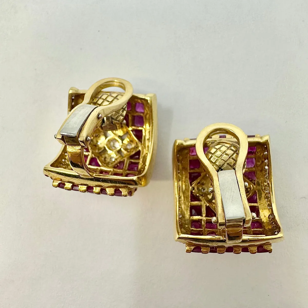 18K Gold Diamond and Ruby Square Clip-on Earrings