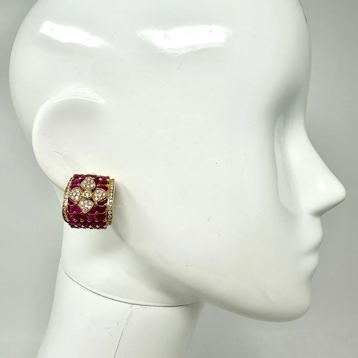 18K Gold Diamond and Ruby Square Clip-on Earrings