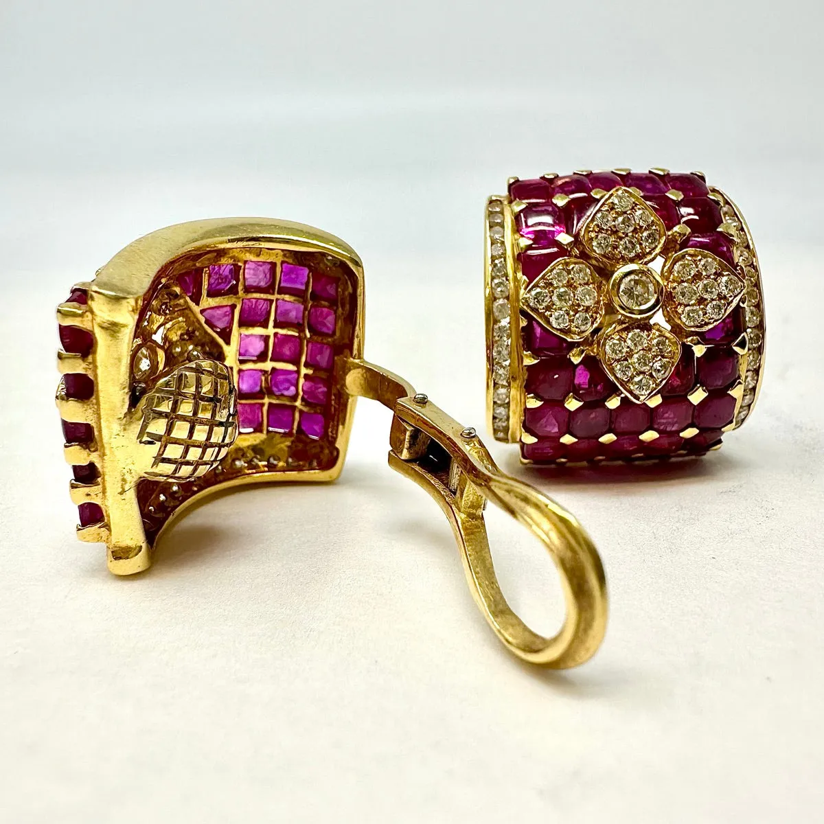 18K Gold Diamond and Ruby Square Clip-on Earrings