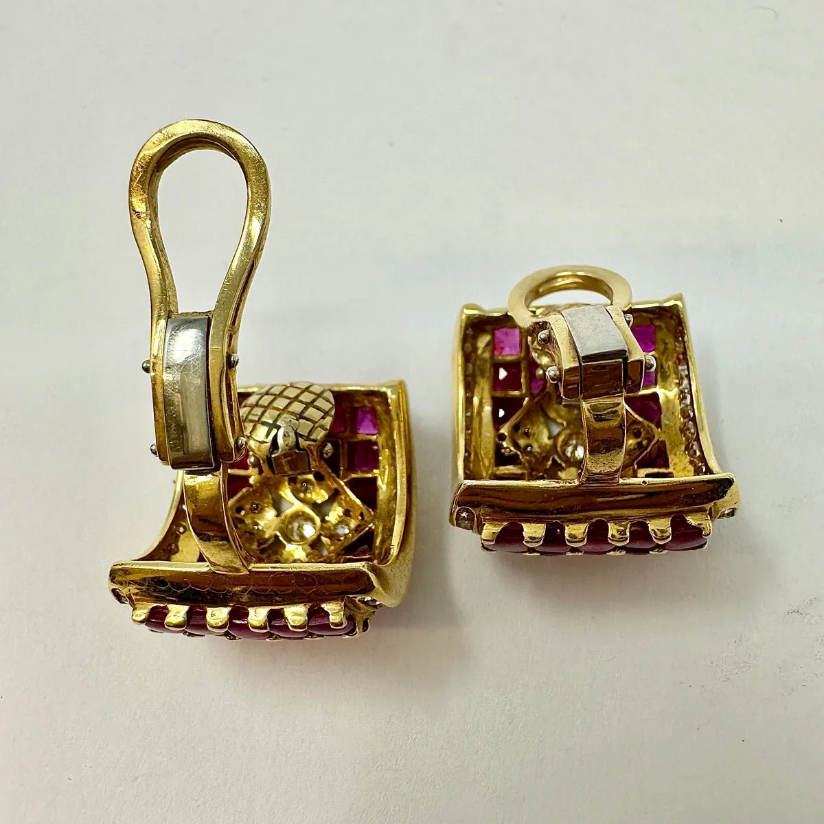 18K Gold Diamond and Ruby Square Clip-on Earrings