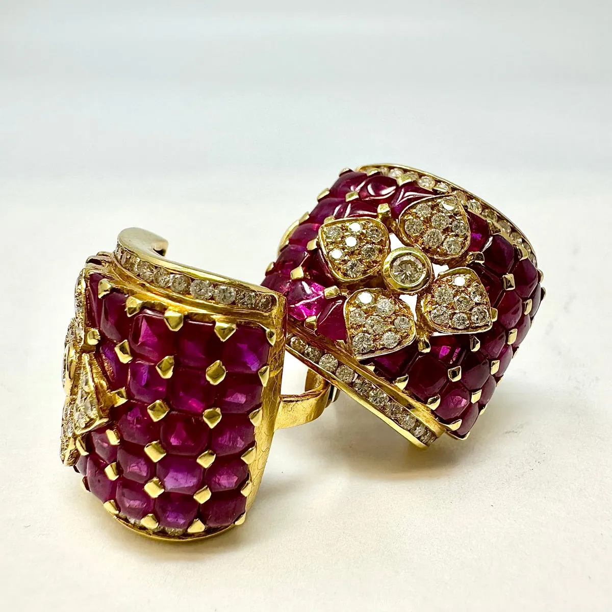 18K Gold Diamond and Ruby Square Clip-on Earrings