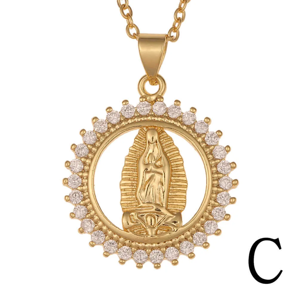 18K Gold Plated Virgin Mary Religious Sun Moon Virgencita Necklace