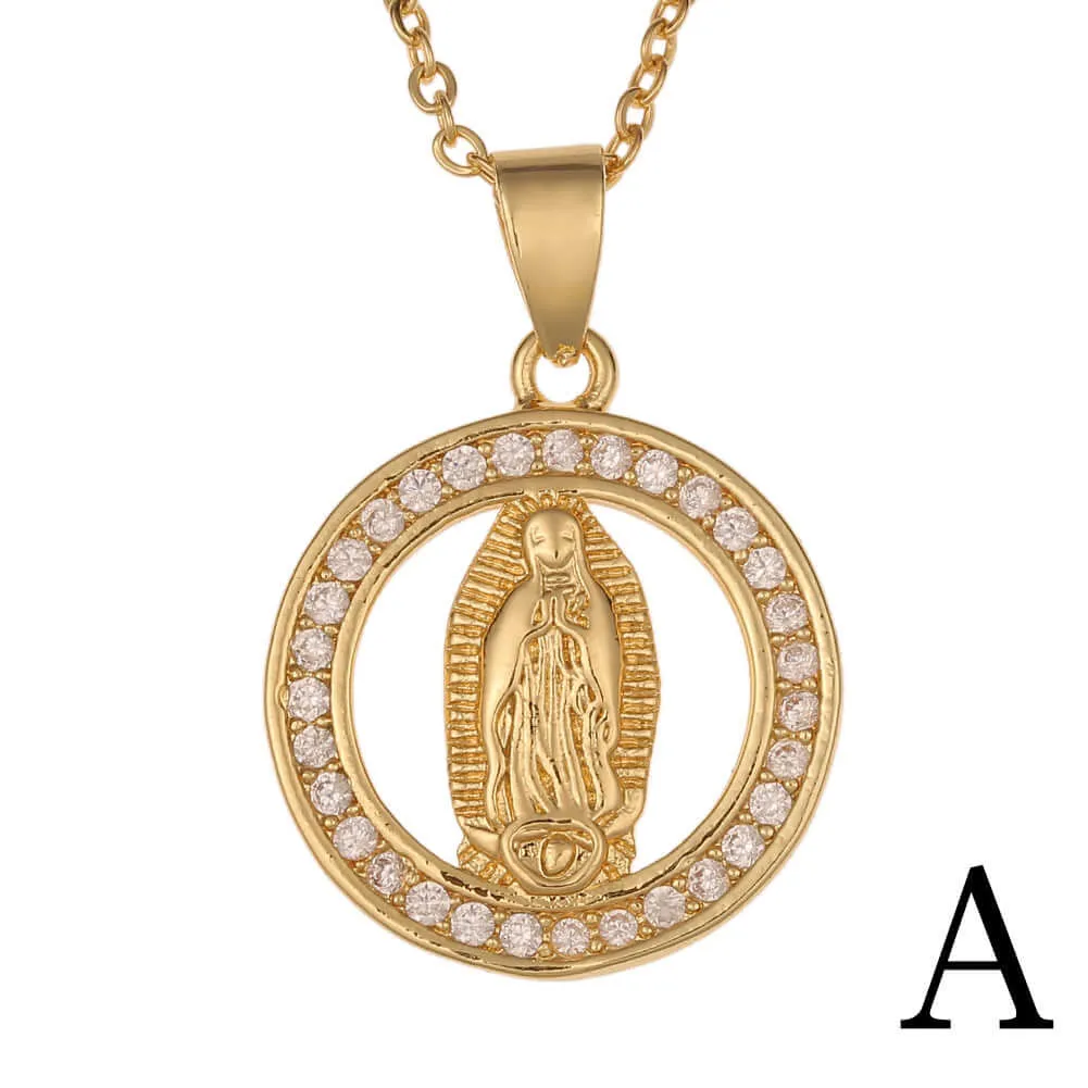 18K Gold Plated Virgin Mary Religious Sun Moon Virgencita Necklace