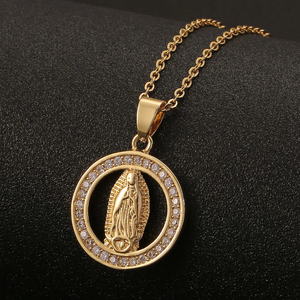 18K Gold Plated Virgin Mary Religious Sun Moon Virgencita Necklace