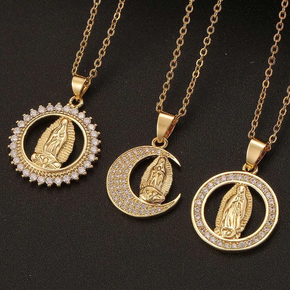 18K Gold Plated Virgin Mary Religious Sun Moon Virgencita Necklace