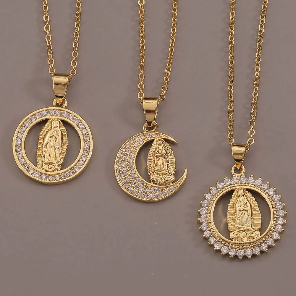 18K Gold Plated Virgin Mary Religious Sun Moon Virgencita Necklace