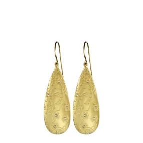 18K Gold Slim Teardrop Paisley Earrings with Diamonds