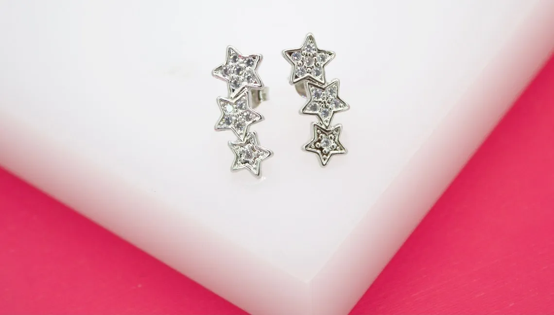 18K Rhodium Filled Three Stars Stud Earrings With CZ Cubic Zirconia Stones (L77)