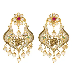 22K Yellow Gold, Emerald, Ruby, Pearls and CZ Temple Earrings (19 grams)