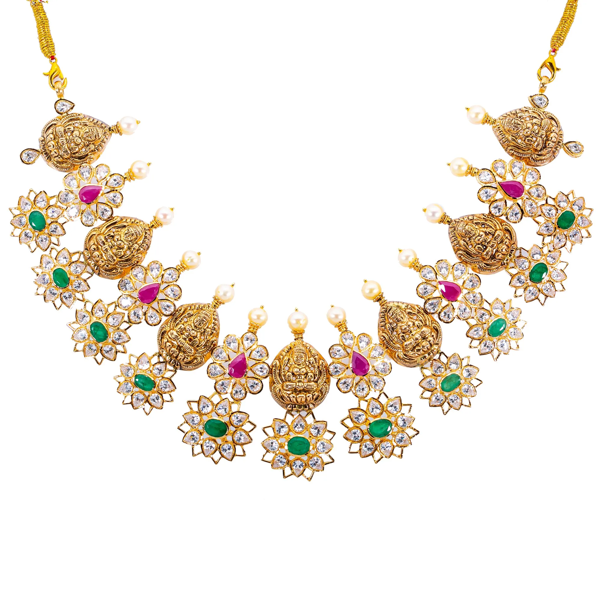 22K Yellow Gold, Gems & Pearls Laxmi Jewelry Set (79.6 grams)