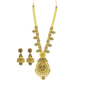 22K Yellow Gold Necklace & Jhumki Earrings Set W/ Pearls, Ruby, Emerald, CZ, Laxmi Pendants & Teardrop Accents