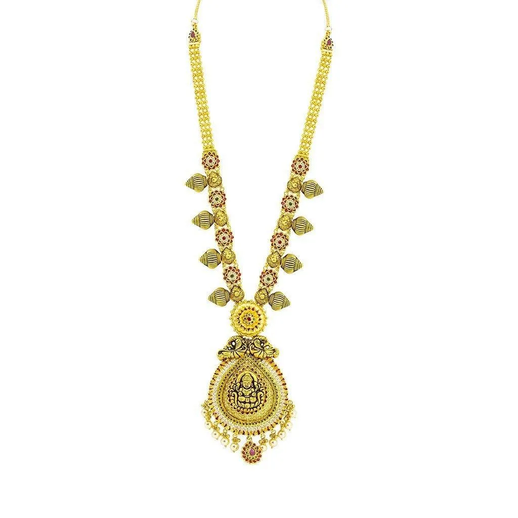 22K Yellow Gold Necklace & Jhumki Earrings Set W/ Pearls, Ruby, Emerald, CZ, Laxmi Pendants & Teardrop Accents