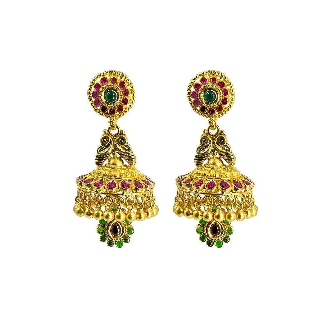 22K Yellow Gold Necklace & Jhumki Earrings Set W/ Pearls, Ruby, Emerald, CZ, Laxmi Pendants & Teardrop Accents