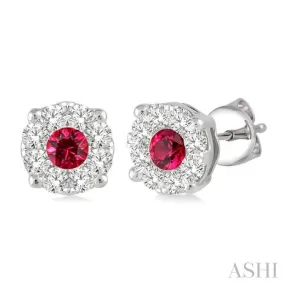 3.2 mm Round Cut Ruby and 1/2 Ctw Lovebright Diamond Earrings in 14K White Gold