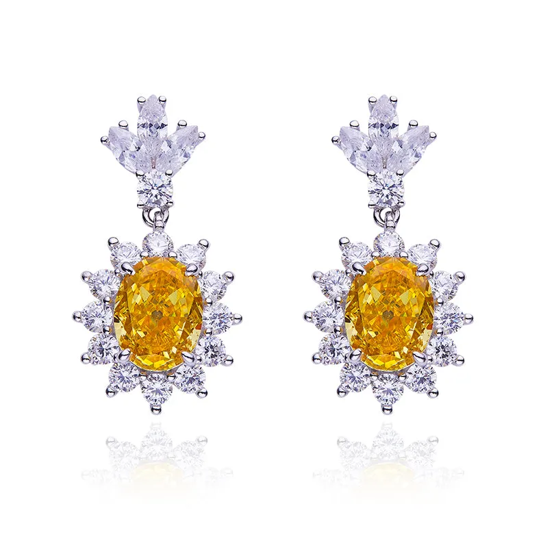 3.2Carat Oval Yellow Zircon Flower Drop Earrings