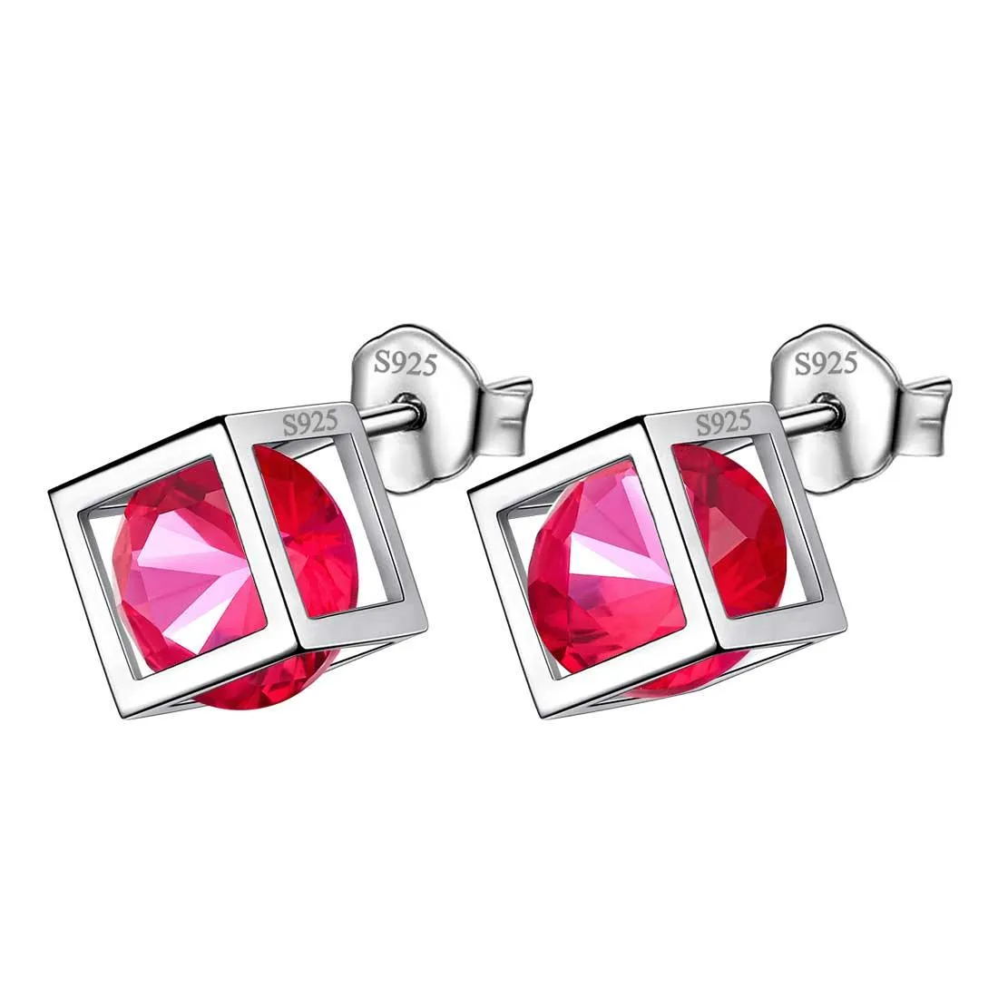 3D Cube Birthstone July Ruby Earrings Stud Women Girls Jewelry Birthday Gift Sterling Silver