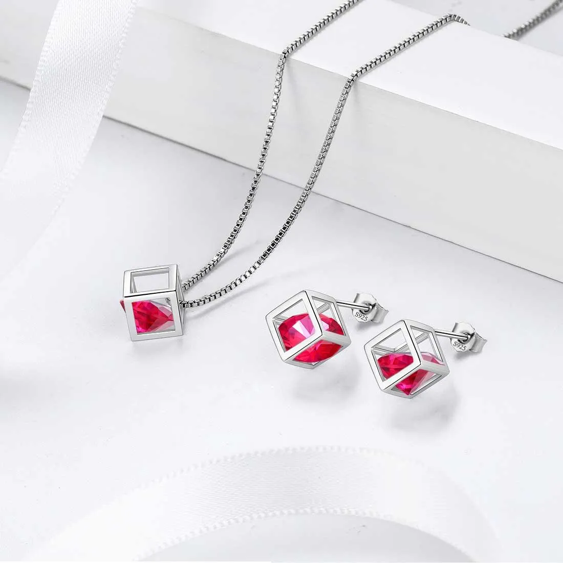 3D Cube Birthstone July Ruby Earrings Stud Women Girls Jewelry Birthday Gift Sterling Silver