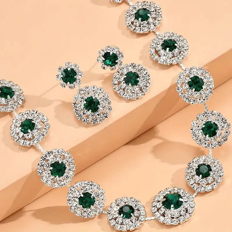 3pcs SILVER Emerald Green Jewelry Set l Rhinestone Earrings l Necklace l Bracelet l Prom l Wedding JS-931