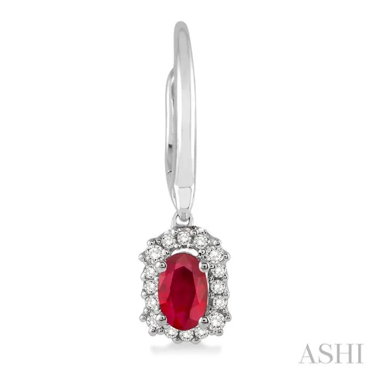 5x3 MM Oval Cut Ruby and 1/6 Ctw Round Cut Diamond Earrings in 14K White Gold