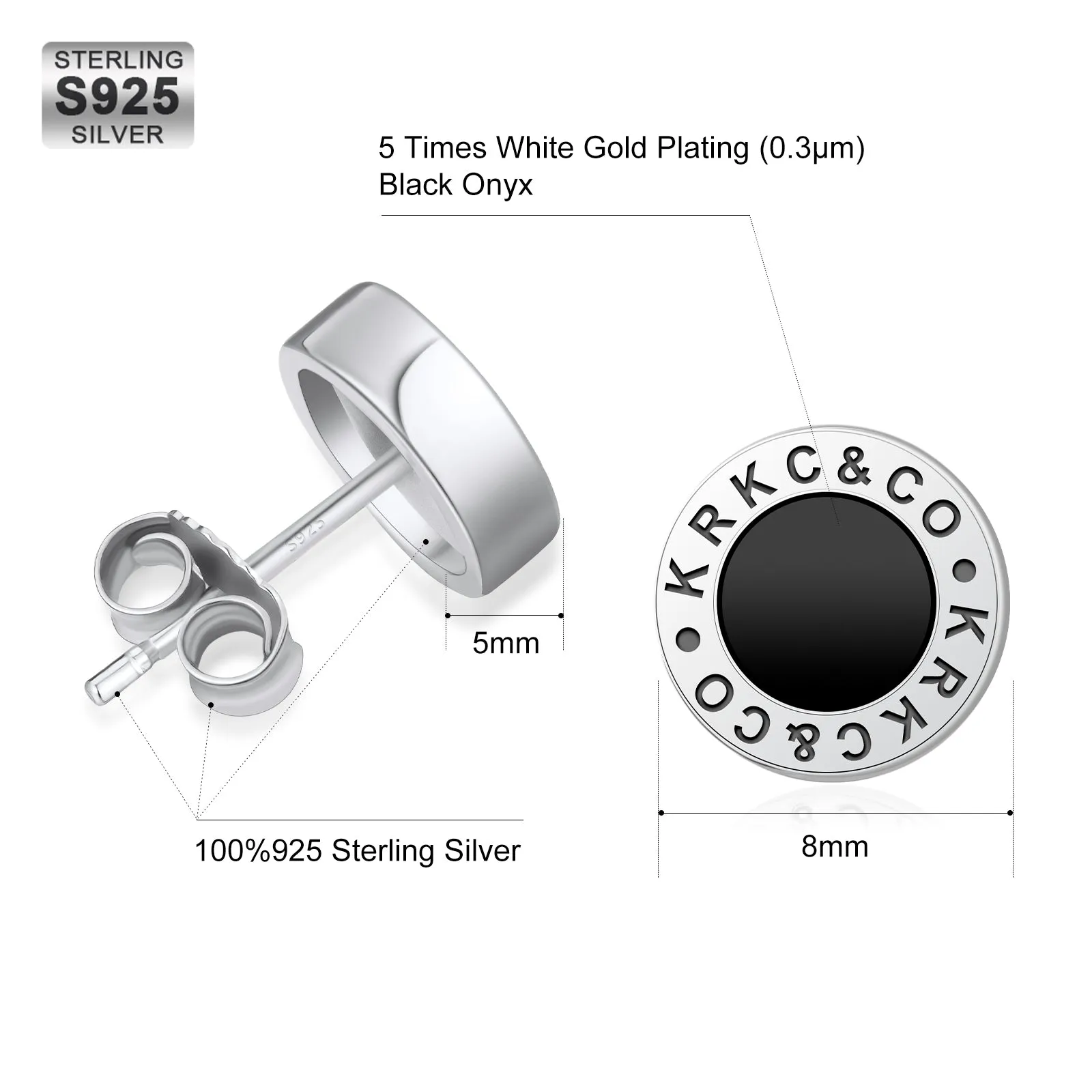 8mm KRKC&CO Black Agate Round Iced Stud Earrings for Men